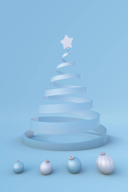 istock Christmas winter 3d composition. Xmas studio. Minimal abstract festive New Year background with white and blue Christmas tree and balls. 1344253513
