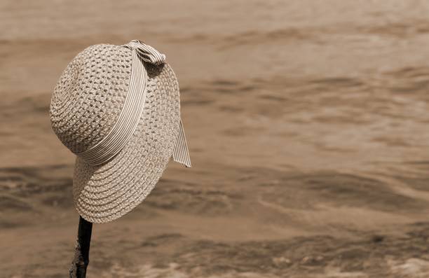 istock straw hat on the beach with Sepia old toned effect 1344254319