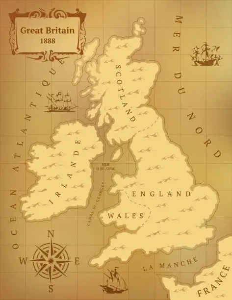 Vector illustration of Old map of Great Britain. Sepia. Vector illustration
