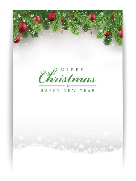 weihnachtsgrusskarte mit dekorationen und schneeflocken - weihnachten stock-grafiken, -clipart, -cartoons und -symbole