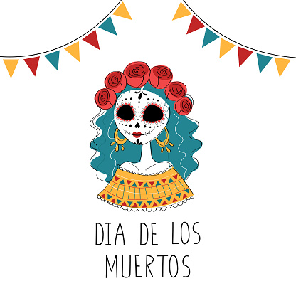 Dia de los Muertos concept. Colorful banner, poster, brochure, flyer template. An illustration of a Mexican woman with a skull makeup. Isolated on white. Celebrated annually on November 2.