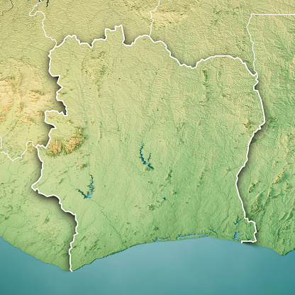 3D Render of a Topographic Map of Côte d'Ivoire. Version with Country Boundaries.\nAll source data is in the public domain.\nColor texture: Made with Natural Earth. \nhttp://www.naturalearthdata.com/downloads/10m-raster-data/10m-cross-blend-hypso/\nRelief texture: NASADEM data courtesy of NASA JPL (2020). URL of source image: \nhttps://doi.org/10.5067/MEaSUREs/NASADEM/NASADEM_HGT.001\nWater texture: SRTM Water Body SWDB:\nhttps://dds.cr.usgs.gov/srtm/version2_1/SWBD/\nBoundaries Level 0: Humanitarian Information Unit HIU, U.S. Department of State (database: LSIB)\nhttp://geonode.state.gov/layers/geonode%3ALSIB7a_Gen