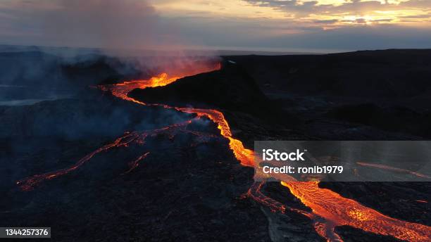 Aerial View Over Lava Eruption Mount Fagradalsfjall Active Iceland Stock Photo - Download Image Now