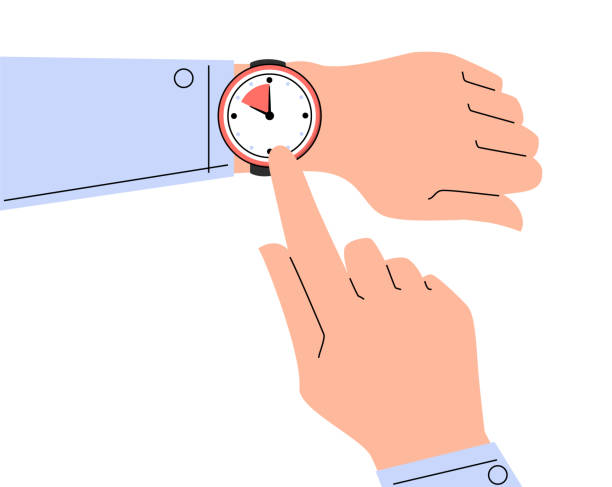 Finger pointing at watch on the hand Finger pointing at watch on the hand vector isolated. Time is ticking, concept of deadline and time management. Checking time. arm span stock illustrations