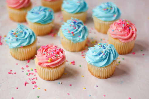 A studio shot of a single cupcake with pink icing on a pink background.