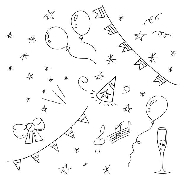 illustrations, cliparts, dessins animés et icônes de ensemble d’éléments d’anniversaire dessinés à la main. une collection de ballons, d’étoiles, d’arcs, de drapeaux, de notes. doodle style de dessin, minimalisme, croquis. - party hat party birthday confetti