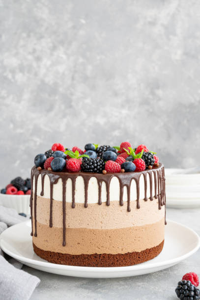 istock Three chocolate mousse cake with chocolate glaze, blueberries, raspberries and blackberries on top on a white plate on a gray concrete background. Cake with three layers of different taste. Copy space. 1344259893