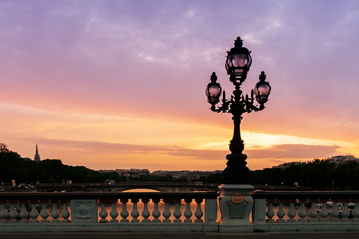 Sunset on Alexandre III bridge and Tour Eiffel in background