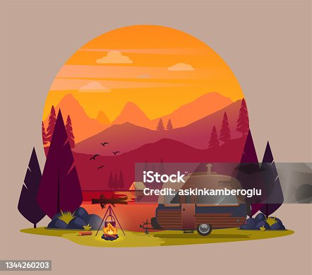 istock Sunset and camping illustration 1344260203