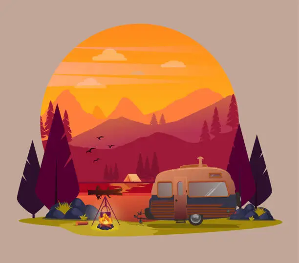 Vector illustration of Sunset and camping illustration