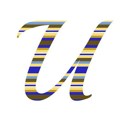 letter U of the alphabet made with yellow, ocher, brown, blue and white stripes, isolated on a white background