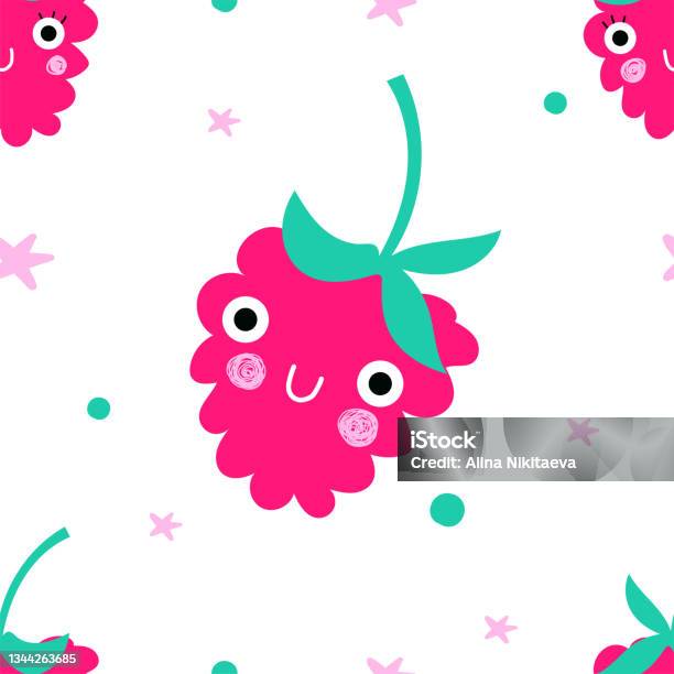 Childish Raspberry Cute Cartoon Childish Seamless Pattern With Smiling Raspberry Star Dot ...