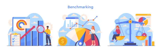 Vector illustration of Colorful set with scenes of benchmarking process on white background