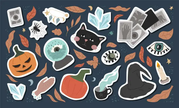 Vector illustration of big set of cute Halloween stickers - black cat, eyes, witch hat, pumpkins, spiders, fortune telling ball, cards, crystals, autumn leaves. flat illustration. for a postcard, poster or any design.