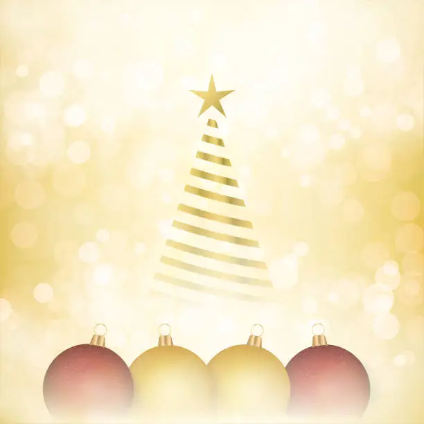 Vector illustration of A creative glittery golden beige coloured empty plain blank vector backgrounds with a striped spiral shining light brown christmas tree and a star at its top with four baubles in red and beige at the base