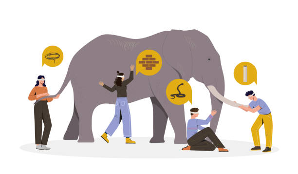 Four blindfolded male and female characters touching an elephant on white background Four blindfolded male and female characters touching an elephant on white background. People with different perceptions, impressions and opinions towards an elephant. Flat cartoon vector illustration viewpoint stock illustrations