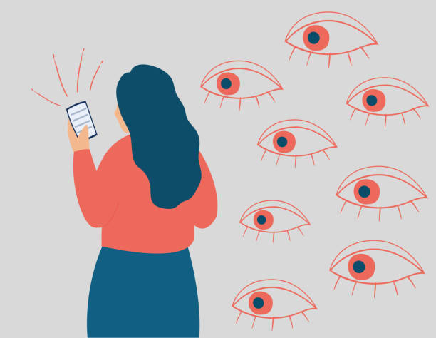 stockillustraties, clipart, cartoons en iconen met woman being observed from behind. spywares softwares on mobiles. spy applications through the smartphones. big eyes peek at a screen phone of a girl. - data leak