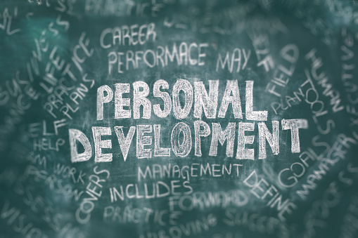 Personal development concept in word tag cloud on chalkboard