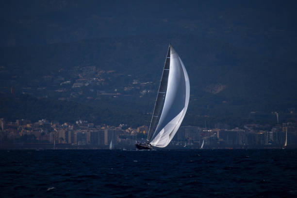 iate maxi navegando na baía de palma de mallorca - majorca yacht marina palma - fotografias e filmes do acervo