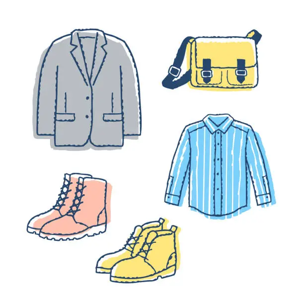 Vector illustration of Various men's clothing and shoes and bags