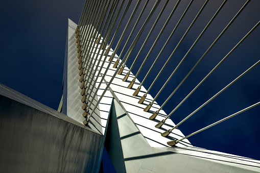 Close up of the cables of a modern suspension bridge in Rotterdam