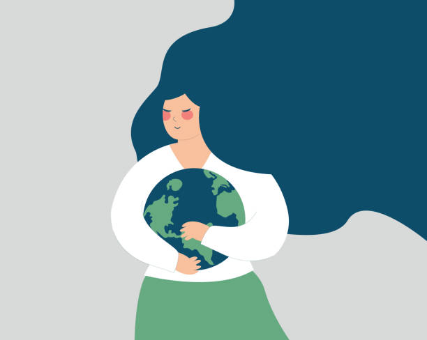 illustrazioni stock, clip art, cartoni animati e icone di tendenza di la donna adulta abbraccia la terra o il globo con cura. una giovane donna abbraccia il piatto verde con amore. illustrazione vettoriale. - teenager globe women world map