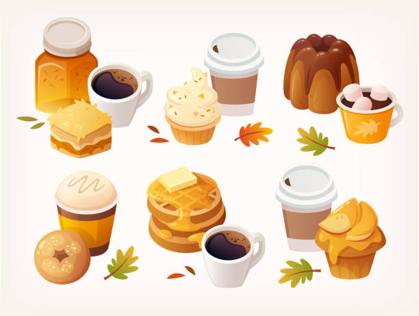 Set of delicious autumn dessert images. Snacks from apples honey jam and chocolate. Cakes and hot drinks. Set of delicious autumn dessert images. Snacks from apples honey jam and chocolate. Cakes and hot drinks. Isolated colourful vector images. maple-syrup-label stock illustrations