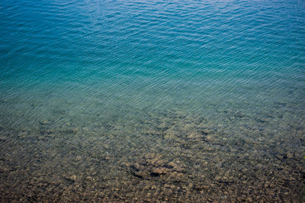 Stones and sand on a clear and clean lake with blue and brown gradient