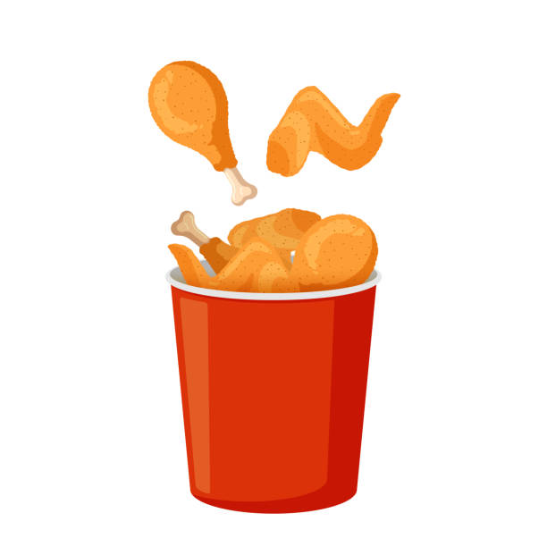 ilustraciones, imágenes clip art, dibujos animados e iconos de stock de patas y alitas de pollo fritas en cubo rojo. carne crujiente en rebozado en embalaje de papel. ilustración vectorial aislada para publicidad de cafeterías y restaurantes de comida rápida - roast chicken illustrations