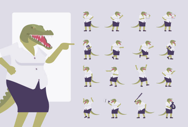 illustrations, cliparts, dessins animés et icônes de femme crocodile, dame reptile verte, tête d’animal, jeu de caractères de queue - zoomorphic