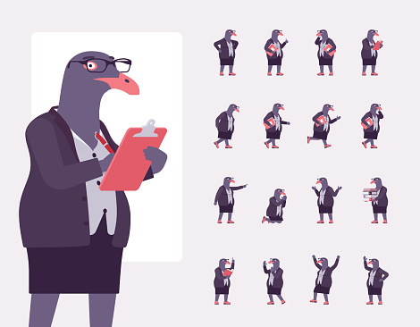 Bird woman, seagull female pigeon in human wear character set. Plump rounded person with short legs, clumsy seabird, wild marine creature. Full length, different views, gestures, emotions, position