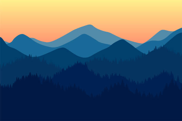 góry obejmują poranny lub wieczorny krajobraz z mgłą i lasem. wschód i zachód słońca w skałach górskich wektorowa ilustracja pozioma - mountain mountain range rocky mountains silhouette stock illustrations