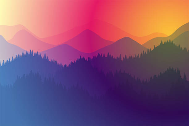 illustrazioni stock, clip art, cartoni animati e icone di tendenza di le montagne variano il paesaggio mattutino o serale con nebbia e foresta. alba e tramonto gioco di colori e luce nelle rocce di montagna illustrazione vettoriale orizzontale - great smoky mountains illustrations