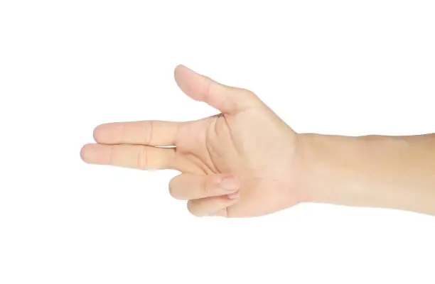 Finger-pointing gesture. Men's right hand and symbol. Isolated on white background with clipping path.