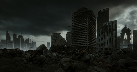 Digitally generated post apocalyptic scene depicting a desolate urban landscape with tall buildings in ruins and mostly cloudy sky.\n\nThe scene was created in Autodesk® 3ds Max 2022 with V-Ray 5 and rendered with photorealistic shaders and lighting in Chaos® Vantage with some post-production added.