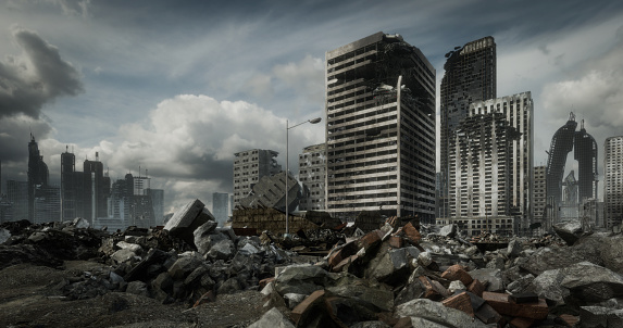 Digitally generated post apocalyptic scene depicting a desolate urban landscape with tall buildings in ruins and mostly cloudy sky.\n\nThe scene was created in Autodesk® 3ds Max 2022 with V-Ray 5 and rendered with photorealistic shaders and lighting in Chaos® Vantage with some post-production added.