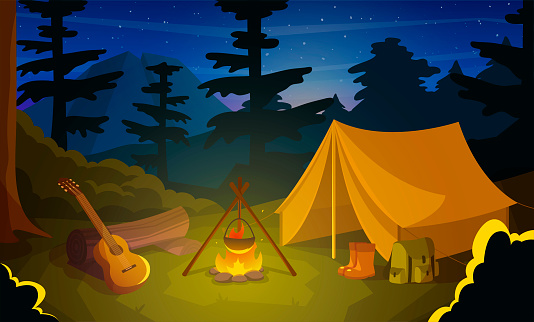 Summer camp with tent, fire and guitar at night time