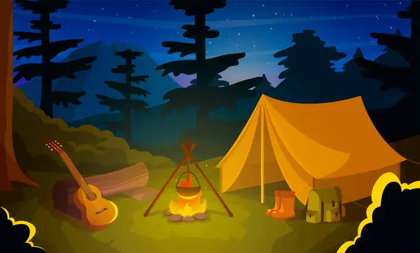 Vector illustration of Summer camp with tent, fire and guitar at night time