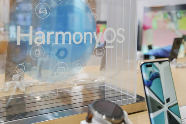 Chinese telecommunication company Huawei's harmonyOS logo in store stock photo