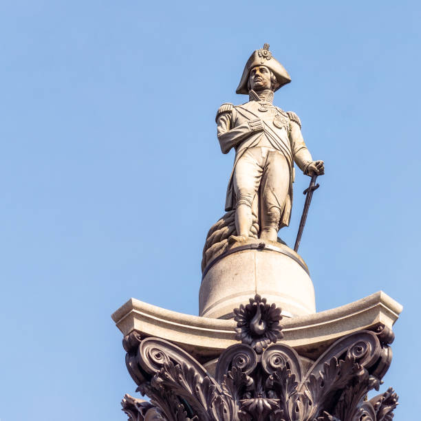 Admiral Nelson on Nelson's Column in Trafalgar Square, London A close-up on the statue of Admiral Nelson, the naval commander who died in the Battle of Trafalgar. The statue was completed in 1843. admiral nelson stock pictures, royalty-free photos & images