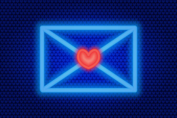 ilustraciones, imágenes clip art, dibujos animados e iconos de stock de carta de amor. brillo de neón. ilustración vectorial coloreada. fondo aislado con un adorno de corazones azules. día de san valentín. un mensaje para los seres queridos con un sello de corazón. - 16611