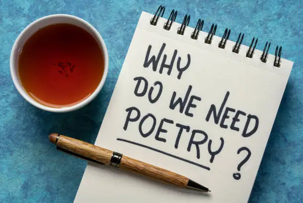 Why do we need poetry? Handwriting in a notebook with a cup of tea. Inspirational and provocative question.