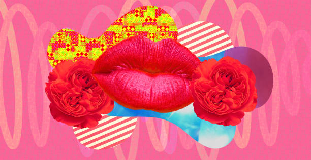 istock Contemporary minimal  collage banner art. Lips in creative abstraction. Cosmetics, lipstick  concept 1344289371