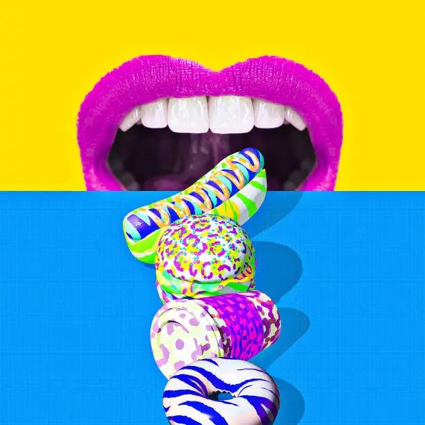 Contemporary minimal pop surrealism collage. Mouth eating junk food. Calories, diet, food addictions concept