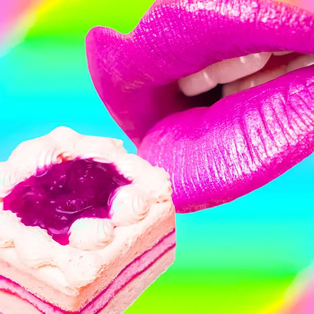 Contemporary minimal pop surrealism collage. Lips eating yummy cake. Calories, diet, sweet food addictions concept