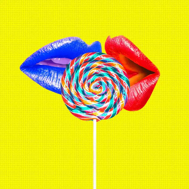 Contemporary minimal pop surrealism collage art. Sensual Lips eating lolly pop. Calories, diet, love, friendship, addictions concept