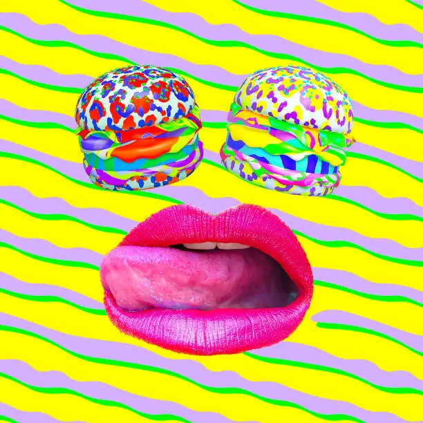 Contemporary minimal pop surrealism collage.  Lips and creative burger. Calories, diet, junk food addictions concept