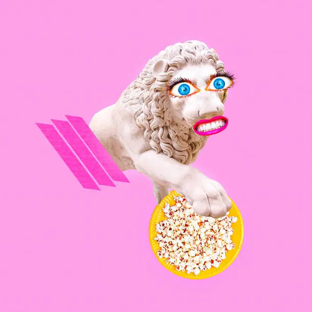 Contemporary minimal pop surrealism collage art. Funny greek statue Lion holding popcorn Calories, diet, food addictions concept