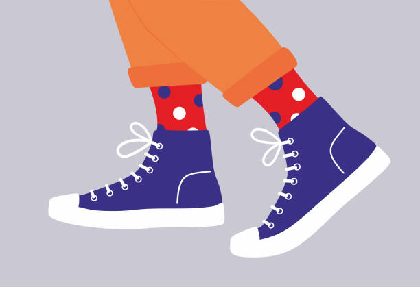 Shoe pair, boots, footwear. Canvas shoes. Feet legs walking in sneakers with colored socks and jeans. Shoe pair, boots, footwear. Canvas shoes. Feet legs walking in sneakers with colored socks and jeans. Fashion style high-top and low-top sneakers. Lace-up shoes. Color Isolated flat vector illustration racewalking stock illustrations