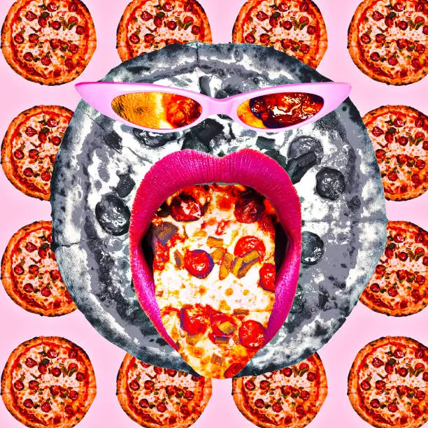 Contemporary minimal pop surrealism collage art. Yummy pizza lover. Calories, diet, pizza addictions concept